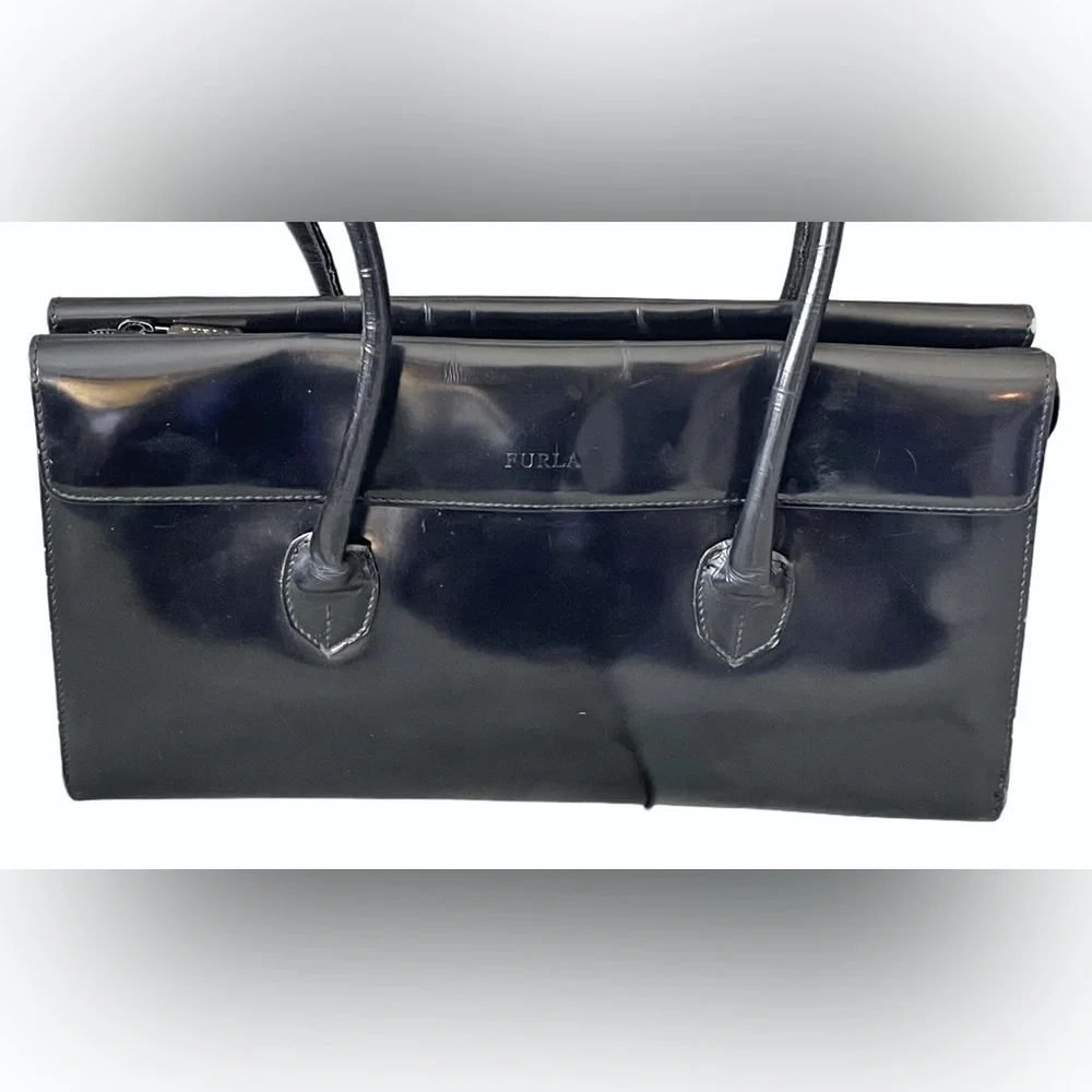 ❌SOLD ❌Vintage Furla Black Patent Leather Shoulder Bag 3 Compartments - Picture 5 of 17